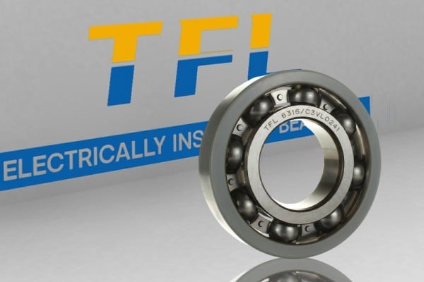 Close-up view of TFL 6316/C3VL0241 insulated deep groove ball bearing highlighting the aluminum oxide INSOCOAT coating on outer ring for electrical protection