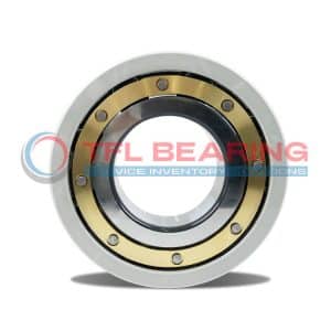 The image shows an insulated ball bearing with brass retainer and outer ring coating.