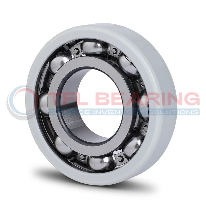 The picture shows an electrical insulated bearing 6319/C3VL0241. Its outer ring has an insulating coating and the cage is made of steel.