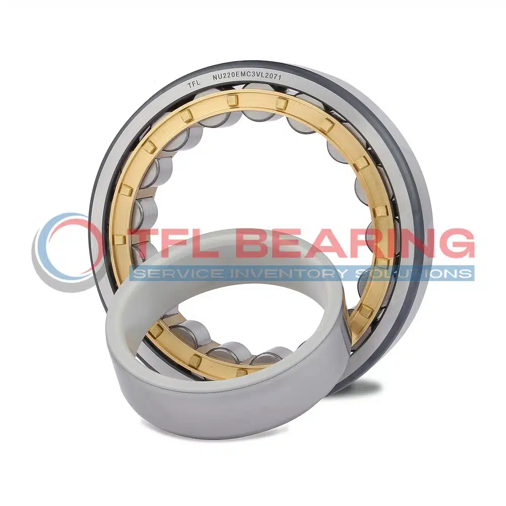 A detailed image of an electrically insulated cylindrical roller bearing, showcasing its design features that prevent electrical current passage, suitable for industrial applications.