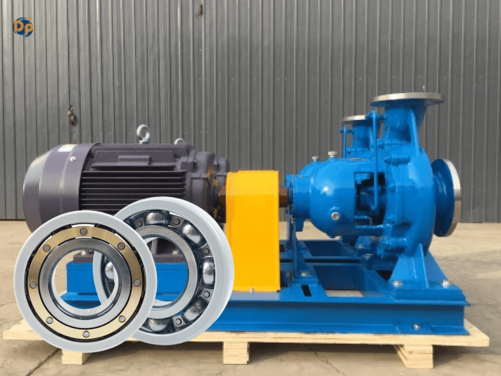 the image shows a petrochemical process pump and a deep groove ball bearing for pumps