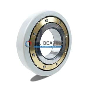 Brass cage electrically insulated bearing for harsh industrial environments.