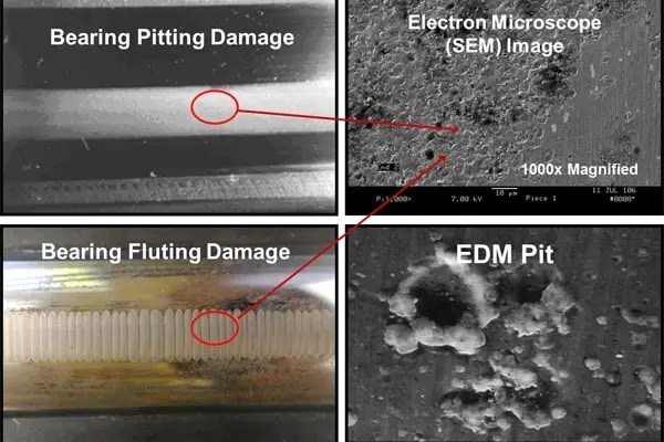 Macro photograph showing the characteristic washboard-like fluting pattern and electrical pitting craters on a damaged steel bearing raceway.