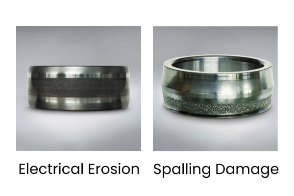 Side-by-side comparison images showing uniform electrical fluting versus random mechanical spalling cracks.