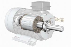 A 3D cutaway of an industrial VFD motor highlighting the electrically insulated bearing installation for shaft current protection.