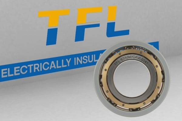 Close-up of the "M" type machined brass cage inside a 6316M insulated bearing.