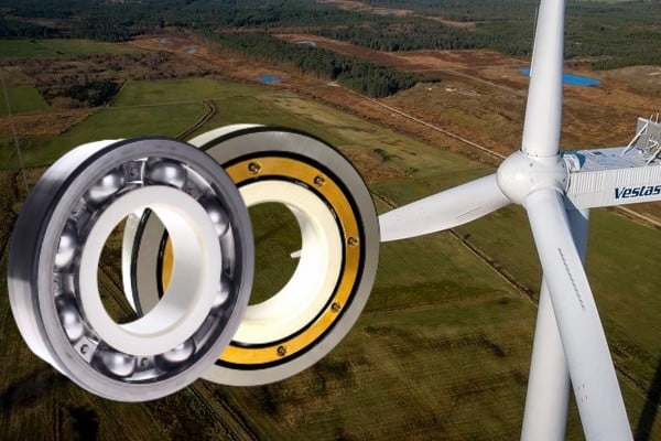 A wind turbine generator interior showing the current-insulated bearing application.