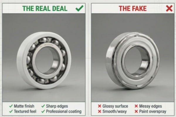 Close-up photo comparing the matte, textured surface of a real ceramic insulated bearing against the glossy, plastic-like finish of a fake one.
