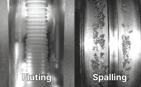 Microscopic comparison of bearing raceway damage: the distinct "washboard" fluting pattern caused by electrical erosion (left) versus irregular fatigue spalling (right).