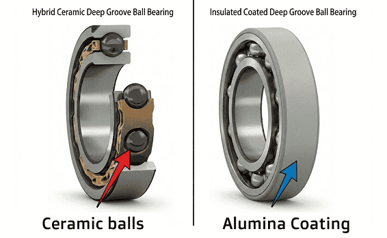 Cross-section comparison of hybrid ceramic bearing structure vs insulated bearing with alumina coating