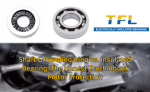 Shaft Grounding Ring vs Insulated Bearing comparison header showing TFL bearing and grounding brush for VFD motor protection.