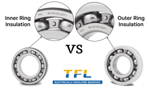 Side-by-side comparison of TFL insulated bearings: Inner ring coated VL2071 (left) vs. Outer ring coated VL0241 (right) with visible laser markings.