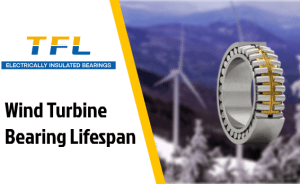 TFL brand feature image for Wind Turbine Bearing Lifespan guide, featuring a double-row bearing against a freezing snowy wind farm background.