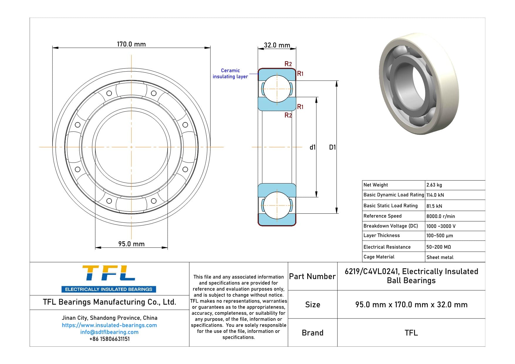 OEM & Wholesale 6219/C4VL0241 Insulated Deep Groove Ball Bearing Manufacturer Drawing.dwg