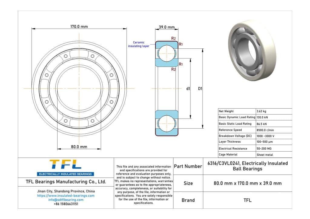 JPG format technical drawing illustrating dimensions and specifications of 6316/C3VL0241 insulated deep groove ball bearing